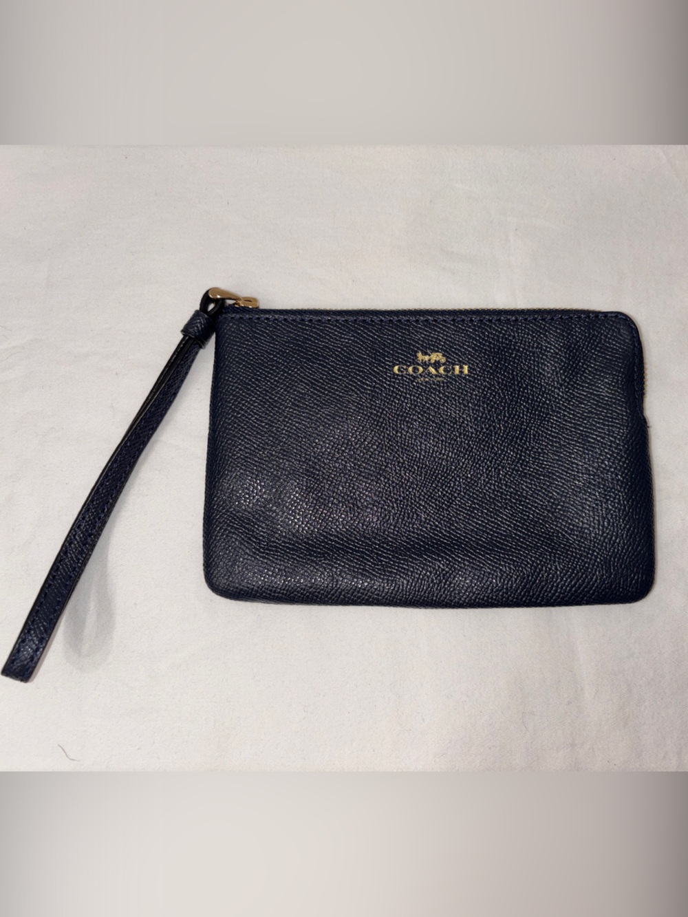Coach Navy/Midnight Pebble Leather Wristlet with Gold Logo NWT